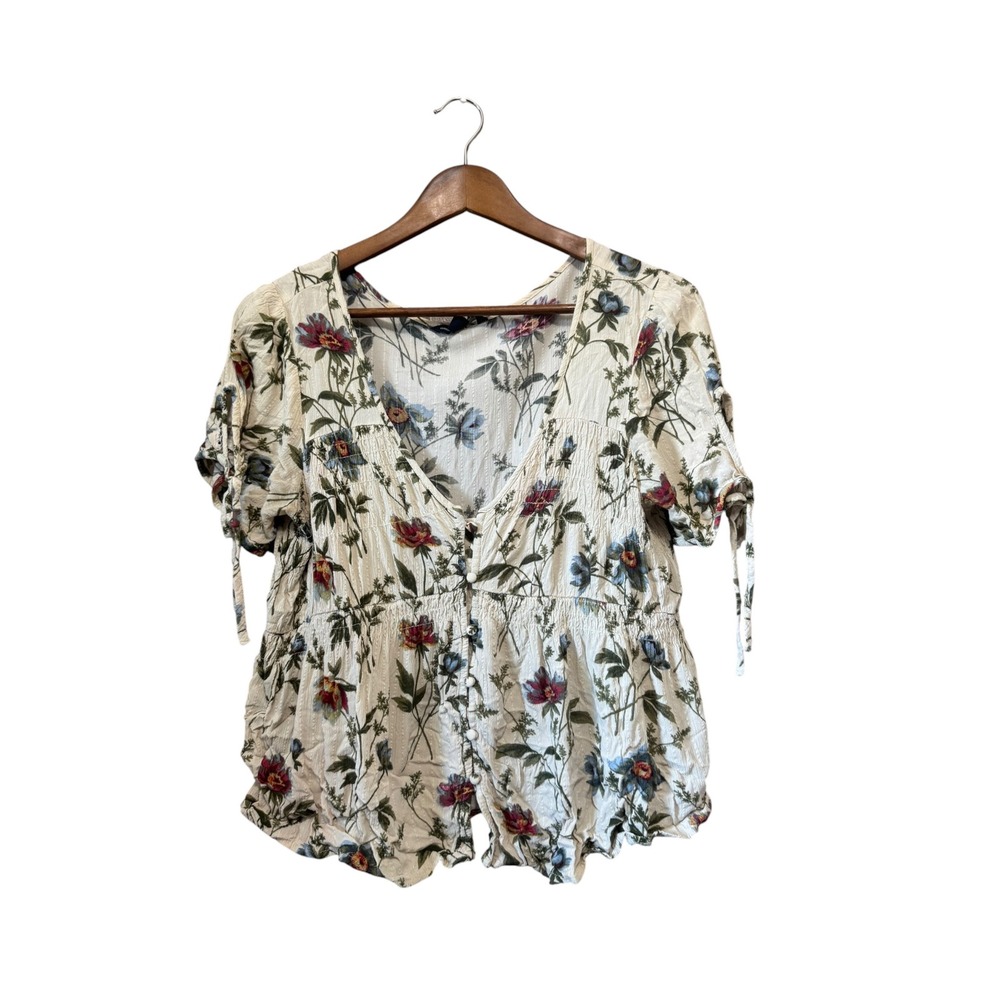 American Eagle Floral Babydoll Top Womens Small Cream Excellent Smocked Peplum